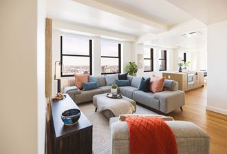 Two bedroom penthouse living room with city views at Book Tower, Michigan, 48226