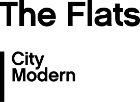 The Flats City Modern logo on a green background.