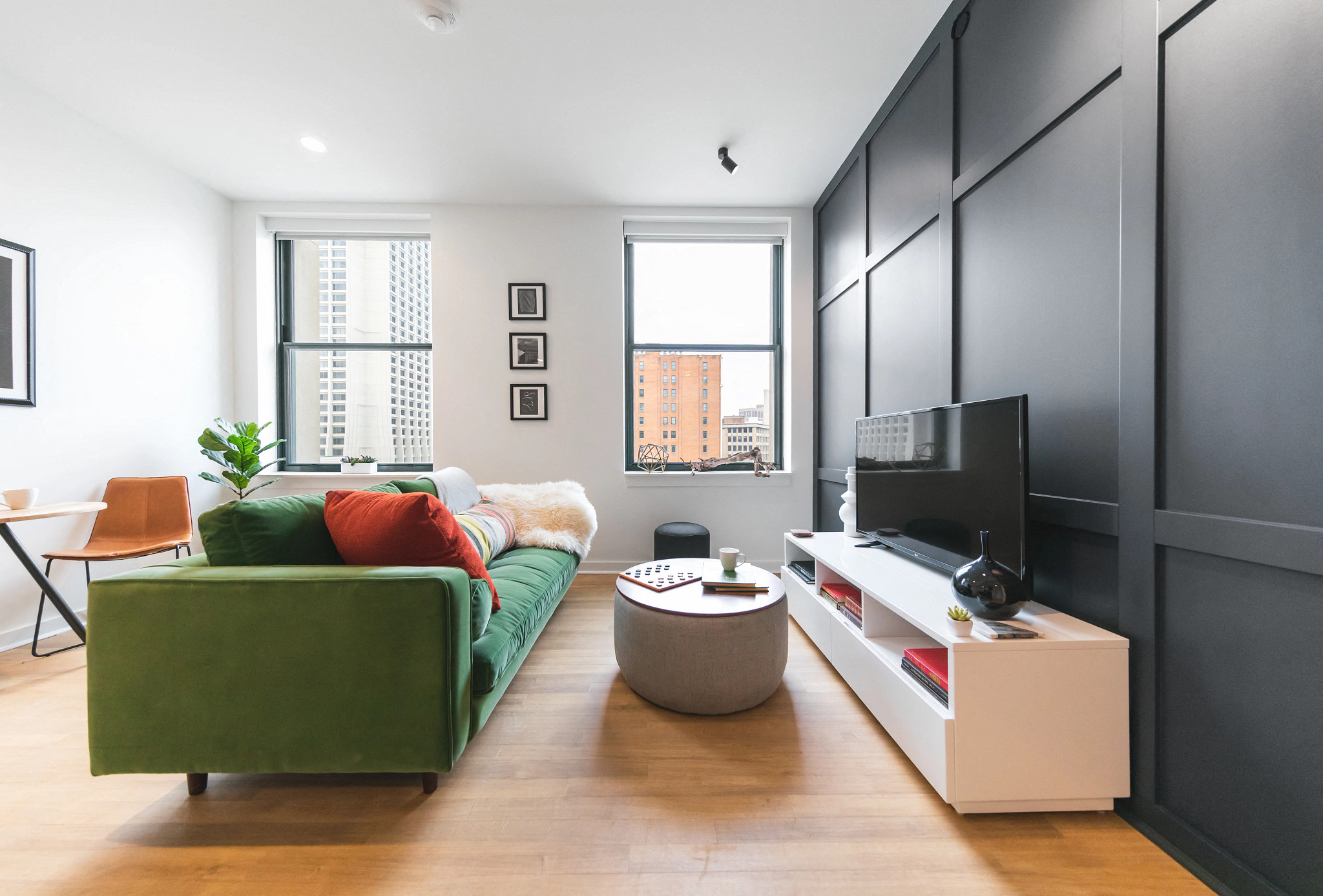 Sofa and Tv in Living room at The Press/321, Detroit, Michigan