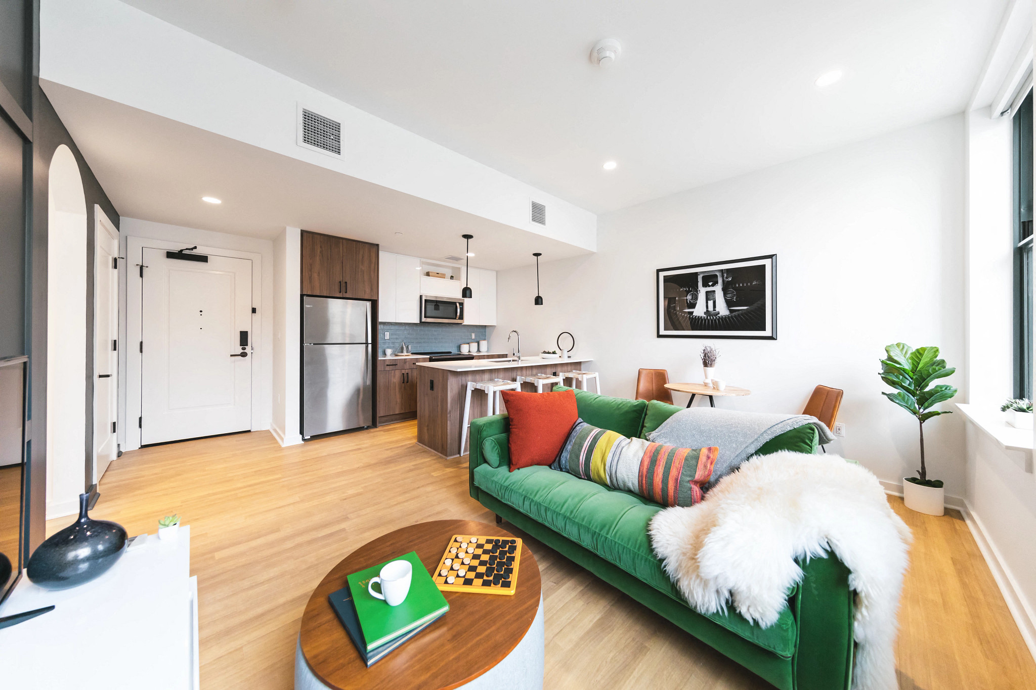 Green sofa at The Press/321, Detroit