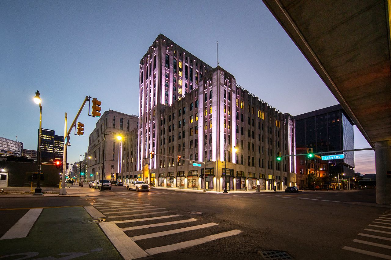 Building night lights at The Press/321, Detroit