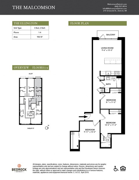The Ellington Floor Plan at The Malcomson, Michigan, 48226
