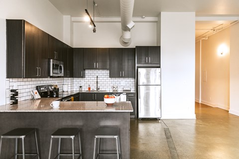 a kitchen with black cabinets and stainless steel appliances at The Ferguson Apartments, Detroit, Michigan