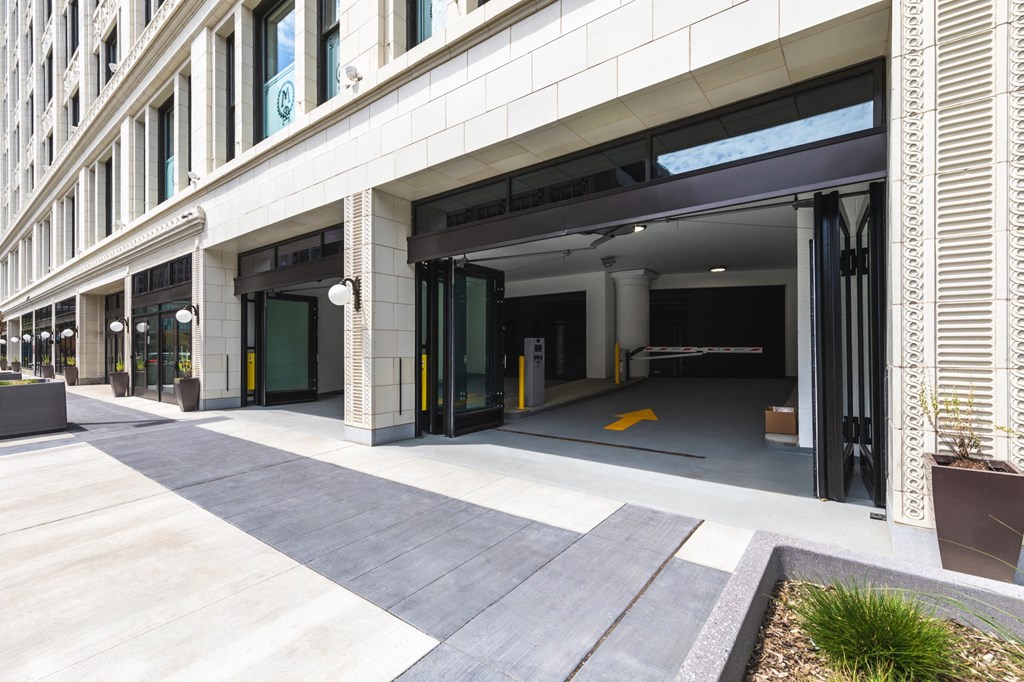 Parking garage entrance with sliding doors. at The May, Cleveland, OH, 44114