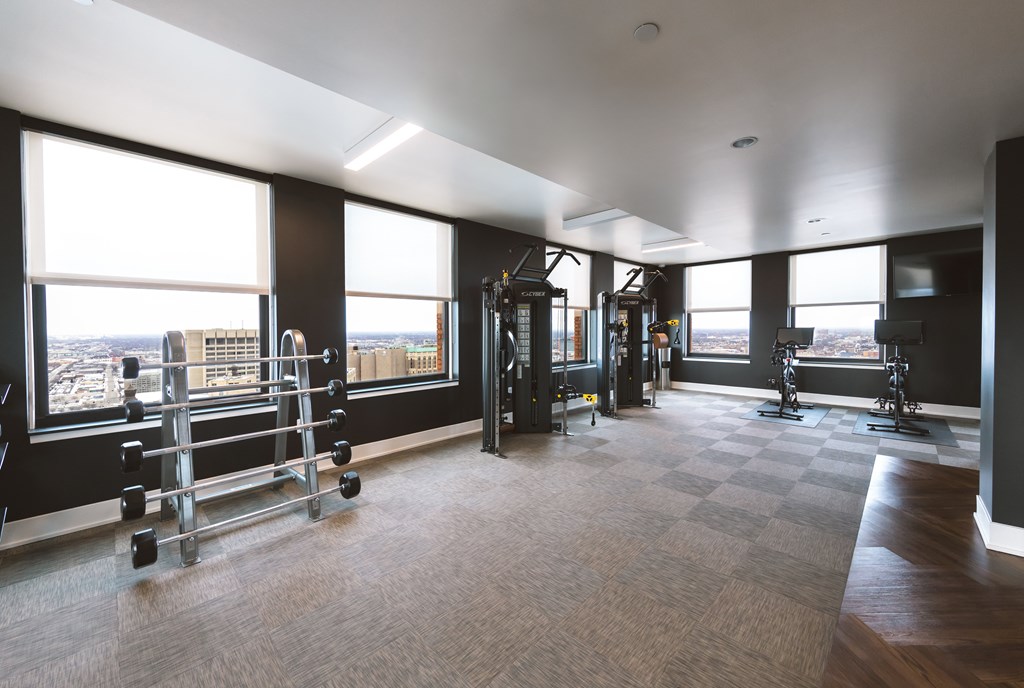 The Stott fitness center with a view of the city.
