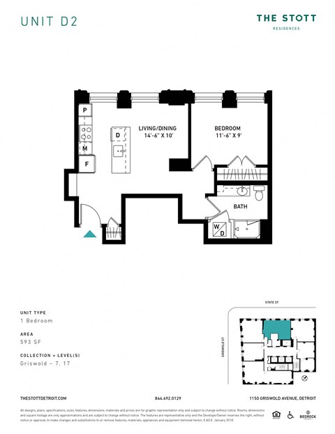 D2 Floor Plan at The Stott, Detroit, MI, 48226