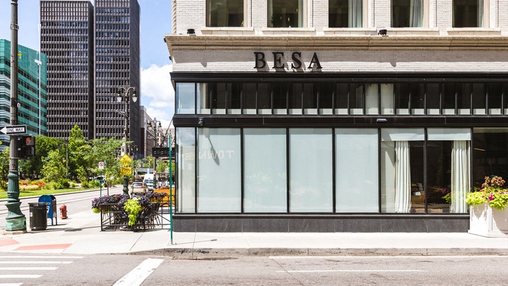 the facade of a bia building on a city street at Vinton, Michigan, 48226