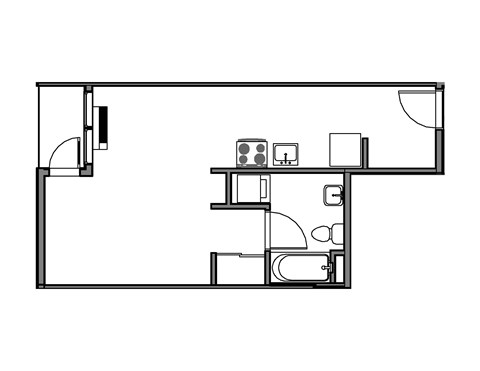 A black and white drawing of a floor plan of a room.