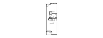 A floor plan of a building with a kitchen, living room, two bathrooms, and a bedroom.