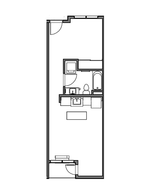 A floor plan of a building with a kitchen, living room, two bathrooms, and a bedroom.