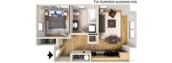 a room with a bedroom and a kitchen and a living room