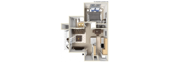 A diagram of a small apartment with a bedroom, living room, and kitchen.