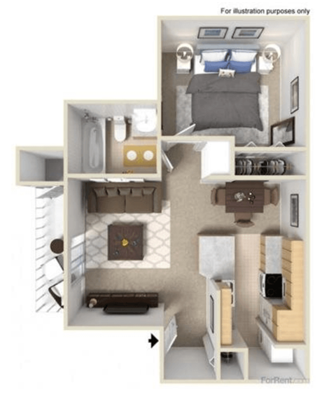 A diagram of a small apartment with a bedroom, living room, and kitchen.