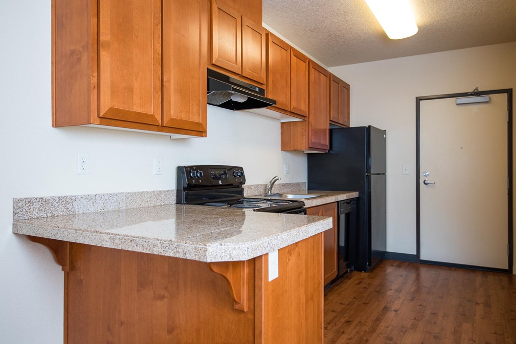 a kitchen with wooden cabinets and a granite counter top