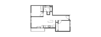A black and white floor plan of a house with a kitchen, living room, and two bedrooms.