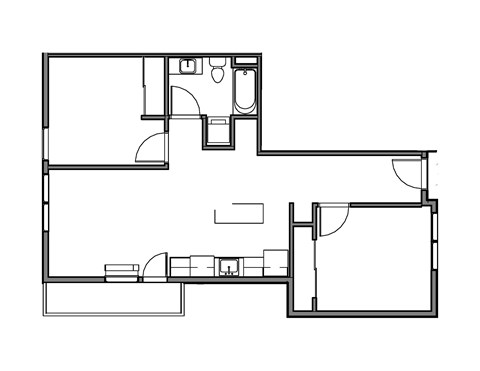 A black and white floor plan of a house with a kitchen, living room, and two bedrooms.