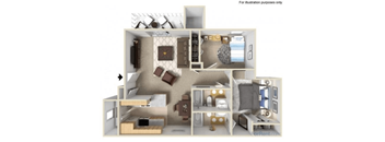 A 3D floor plan of a small apartment with a kitchen, living room, and bedroom.