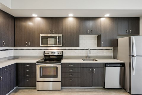 A modern kitchen with dark brown cabinets and stainless steel appliances.