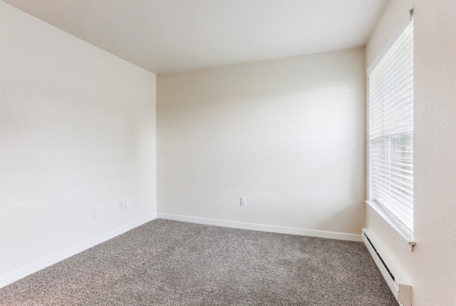 A room with a carpeted floor and a window with blinds.