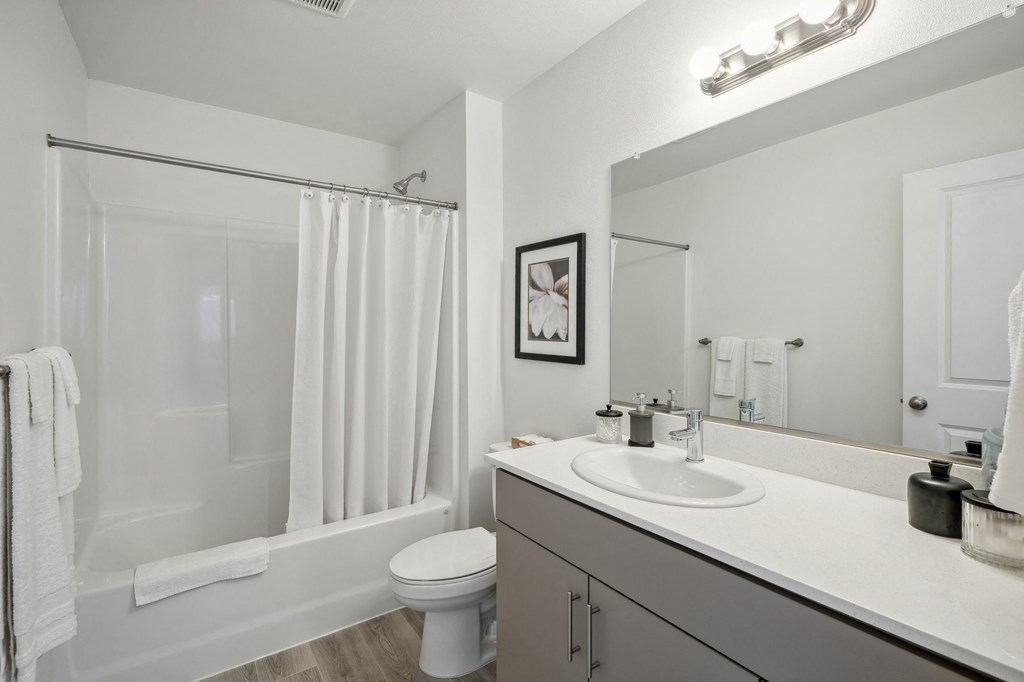 a bathroom with a large mirror and a shower and a toilet