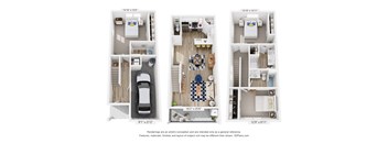 Three floor plans of a house with a car parked in the garage.