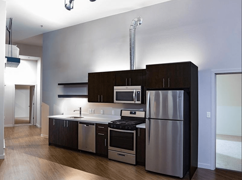 Modern kitchen with dark cabinetry and stainless appliances at Northwood, Portland, OR, Oregon, 97217