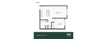 A floor plan for a 552 square foot one bedroom/one bathroom apartment.