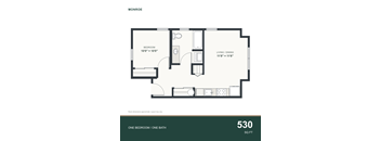 A floor plan for a one bedroom/one bath apartment.