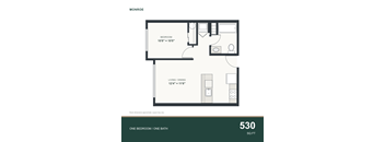 A floor plan for a 530 square foot one bedroom/one bathroom apartment.
