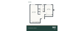 A floor plan for a one bedroom/one bathroom apartment measuring 582 square feet.