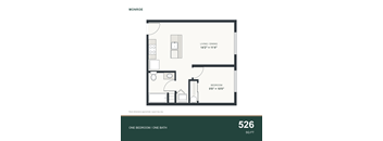 A floor plan for a 526 square foot one bedroom/one bathroom apartment.