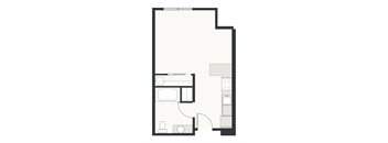 A floor plan of a house with a kitchen, living room, and bathroom.