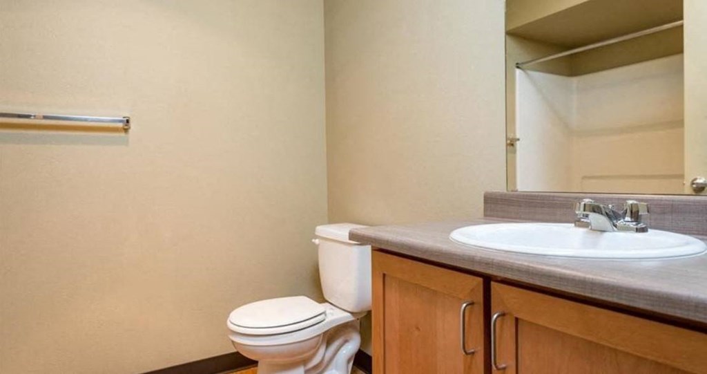 a bathroom with a sink toilet and a mirror