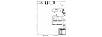 A black and white floor plan of a house with a kitchen, living room, and bathroom.