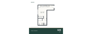 A floor plan for a 325 square foot studio apartment with one bathroom.