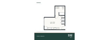 A floor plan for a 332 square foot studio apartment with one bathroom.