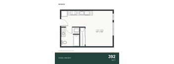 A floor plan of a studio apartment with a bathroom and living/dining area.