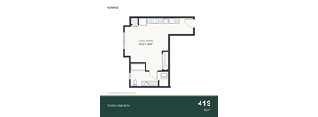 A floor plan for a 419 square foot studio apartment with one bathroom.