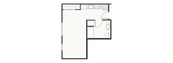 A floor plan of a small apartment with a kitchen, living room, and bathroom.