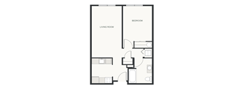 A black and white image of a floor plan for a small apartment.