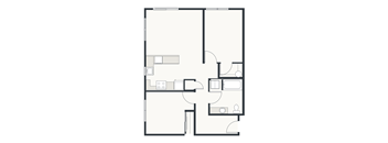 A black and white floor plan of a house with a kitchen, living room, and bathroom.