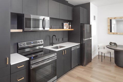 a kitchen with black cabinets and stainless steel appliances and a sink