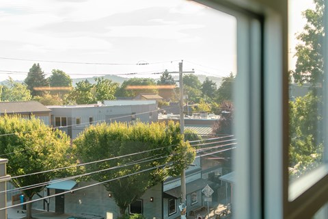 A view from a window looking out at a residential area.