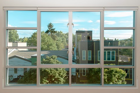 A window with a view of a house and trees.