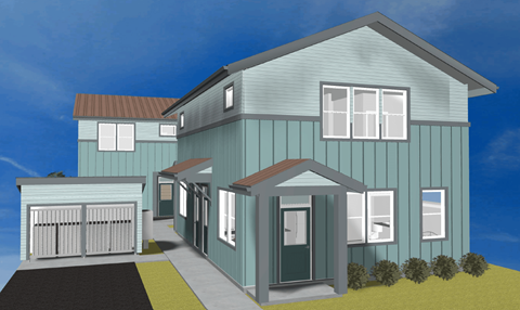 A blue house with a brown roof and a garage door.