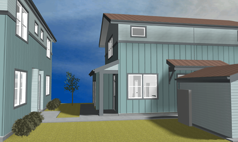 A blue house with a brown roof and a tree in front.