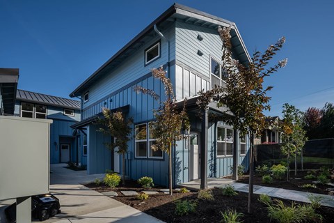 A blue house with a white door and windows.