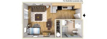 a studio apartment with a bedroom and a living room
