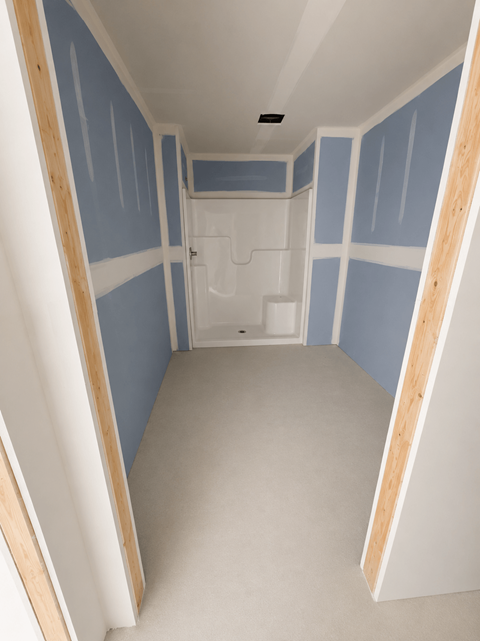A room with blue walls and white trim.