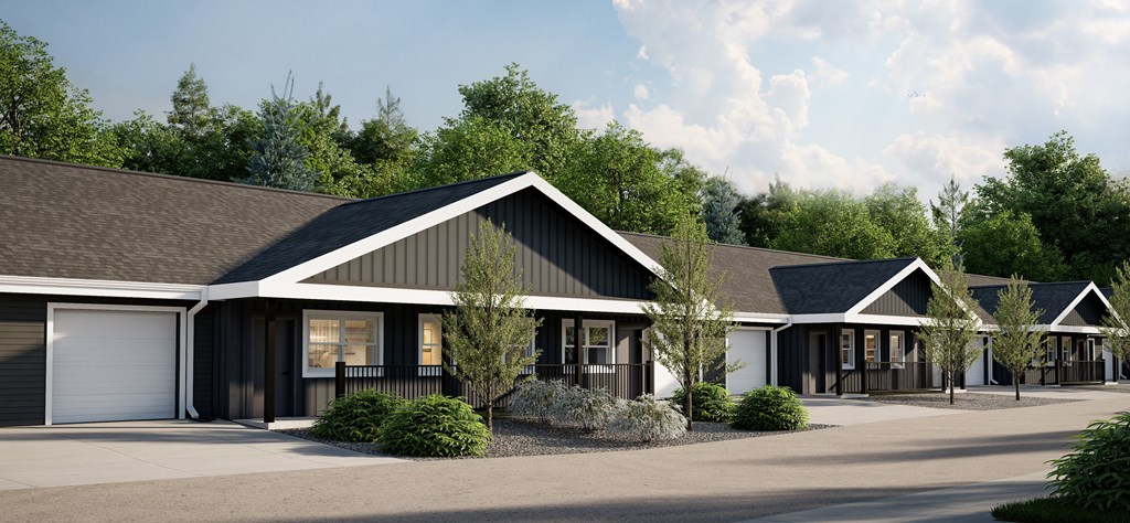 A modern house with a black roof and white trim is surrounded by trees.